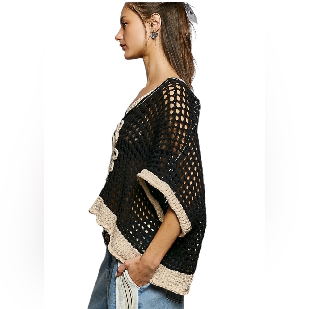 POL 🌼 Black Cotton Blend crochet Short Sleeve Floral Top - Picture 3 of 7